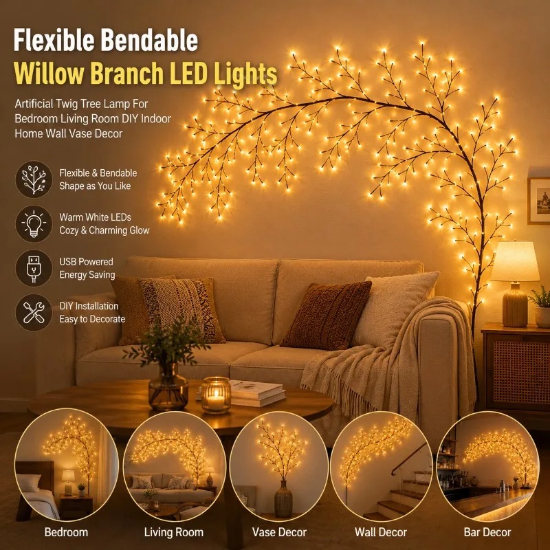 LED 나뭇가지 벽 조명, 유연한 버드나무 덩굴 램프, - Wall Decor Lighting Tree 리뷰 및 가격